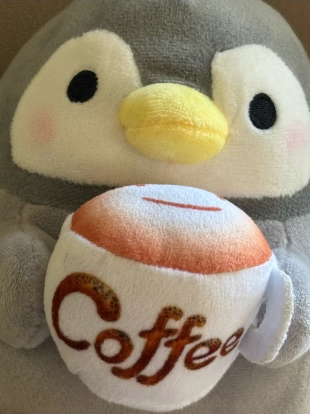 NWT Takashoji Gray Penguin Plush with Coffee Cup - Plush Toy (~6” tall)